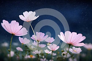 Ravishing closeup flower scenery in natural landscape with starry night sky.