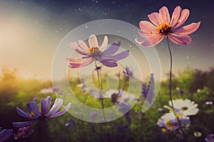 Ravishing closeup flower scenery in natural landscape with starry night sky.