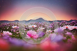 Ravishing closeup flower scenery in natural landscape with starry night sky.