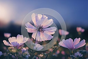 Ravishing closeup flower scenery in natural landscape with starry night sky.