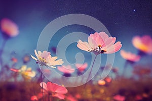 Ravishing closeup flower scenery in natural landscape with starry night sky.
