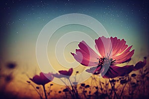 Ravishing closeup flower scenery in natural landscape with starry night sky.