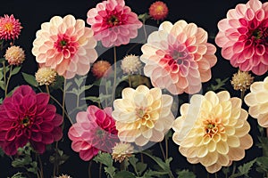 Ravishing digital illustration of blossom dahlia flowers garden.