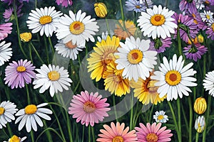 Ravishing multicolor daisy in meadow field background.