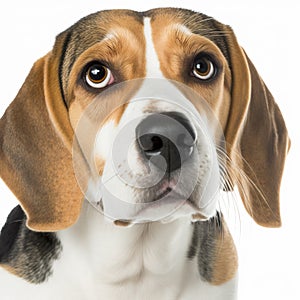 Ravishing realistic portrait beagle dog on white isolated background.