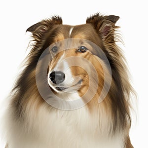 Ravishing rough collie portrait on white background.