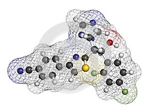 Ravuconazole antifungal drug molecule. 3D rendering. Atoms are represented as spheres with conventional color coding: hydrogen (