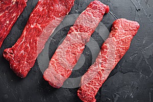 Raw, alternative beef steaks  flap flank Steak, machete steak or skirt cut, Top blade or flat iron beef and tri tip, triangle