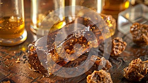 Raw amber resin pieces on a wooden table, close-up.