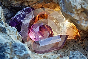 Raw amethyst and smoky quartz crystals nestled in rock crevice with natural earth tones