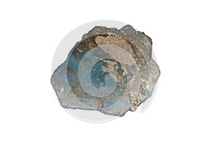 Raw of aquamarine stone isolated on white background.