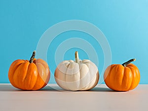 Raw Autumn pumpkins on wooden kitchen counter table against blue background