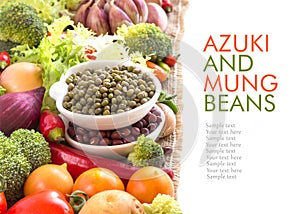Raw azuki and mung beans and vegetables