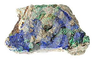 raw Azurite and Malachite on stone on white