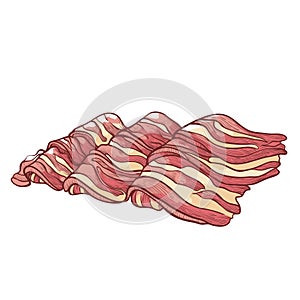 Raw bacon. Slices of salo, lard, silverside, gammon, ham. Pieces of salty high-fat meat. Beefsteaks.