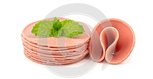 Raw baloney sausage - food on white background