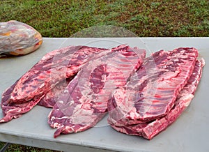 Raw beef Brisket and Ribs for backyard BBQ barbecue with whole chicken in background