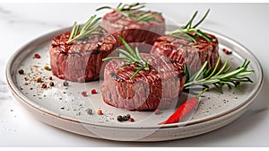 Raw beef filet Mignon steak on a wooden Board with pepper and salt, black Angus marbled meat