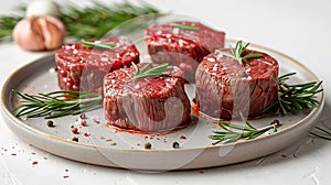 Raw beef filet Mignon steak on a wooden Board with pepper and salt, black Angus marbled meat