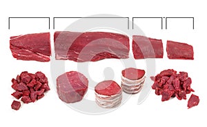 Raw Beef Fillet Parts on white Background