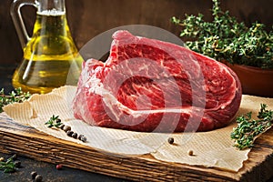 Raw beef fillet with thyme and olive oil.