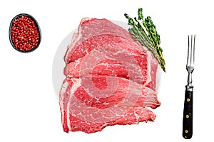Raw beef meat chop rump steak Isolated on white background, Top view.