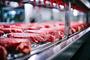 Raw beef meat on a conveyor belt in a modern food factory. Shallow depth of field