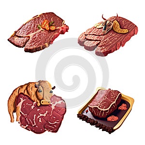 Raw beef meat icons set. Realistic illustration of raw beef meat icons for web design. Generative AI
