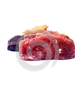 Raw beef meat isolated on white background. Uncooked fresh beef meat.