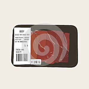 Raw beef meat in the package. Vector Illustration