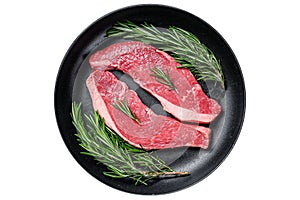 Raw beef meat rump steak in a pan. Isolated, white background.