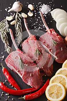 Raw beef meat with spices on a slate board closeup. vertical top