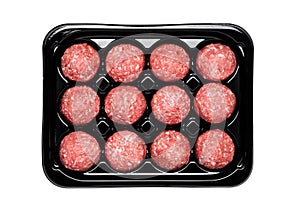 Raw beef meatballs in black plastick tray
