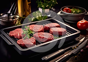 Raw beef sirloin steak fillet in tray on dark kitchen background.Macro.AI Generative