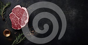 Raw Beef Sirloin Steak with Herbs on Black Background, Copy Space