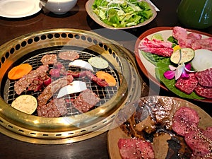 Raw beef slice on coal stove Japanese style