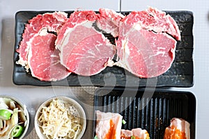 raw beef , sliced beef or beef for cook and Korean salad