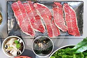 raw beef , sliced beef or beef for cook and Korean salad