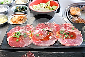 raw beef , sliced beef or beef for cook and Korean salad