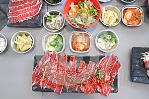 raw beef , sliced beef or beef for cook and Korean salad