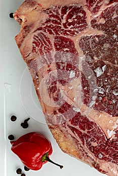Raw beef steak from above from above on background of wood