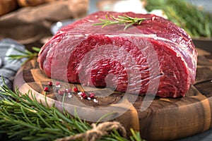 Raw beef steak on a dark wooden table. photo