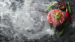 Close up of raw beef steak with spices and pepper