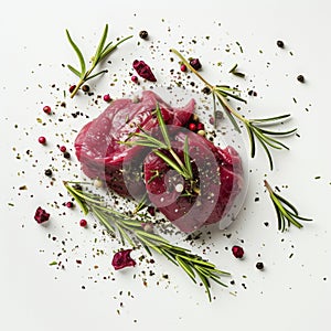 Raw beef steaks with herbs and spices