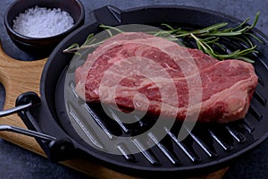 Raw beef striploin steak on grill pan