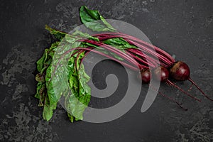 Raw beetroot with herbage leaves on a dark background. banner, menu, recipe place for text, top view