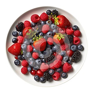 Raw Berries Such As Strawberries, Blueberries, Or Raspberries On White Plate, On White Background