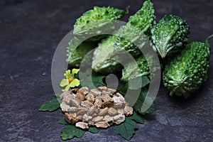 Raw Bitter melon with seed and flower