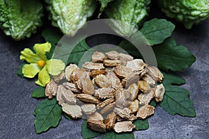 Raw Bitter melon with seed and flower