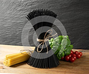 Raw Black Spaghetti, Dry Pasta with Cuttlefish Ink